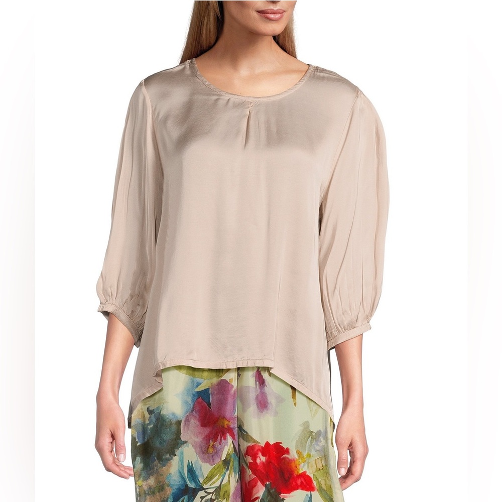Bryn Walker Lucinda Satin Viscose Round Neck High-Low Shirt Rose Pink Size L